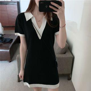 V-neck Short-sleeve Dress Black - One Size