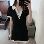 V-neck Short-sleeve Dress Black - One Size