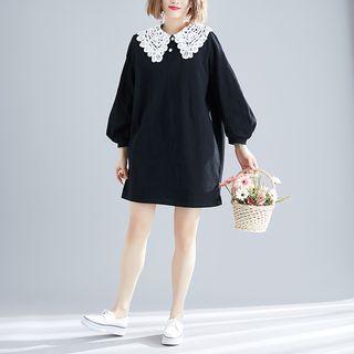 Puff-sleeve Lace Collar Mini Dress Black - One Size
