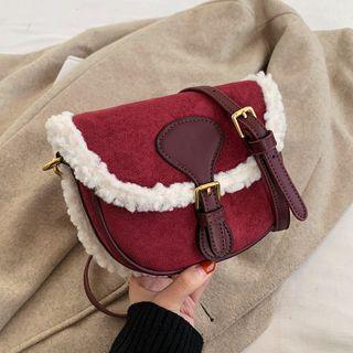 Fleece Trim Flap Saddle Crossbody Bag