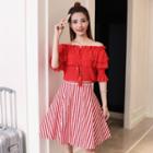 Set: Off-shoulder Blouse + Striped A-line Skirt