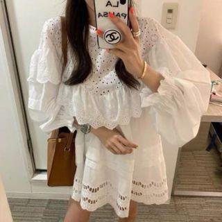 Puff-sleeve Lace Panel A-line Dress White - One Size