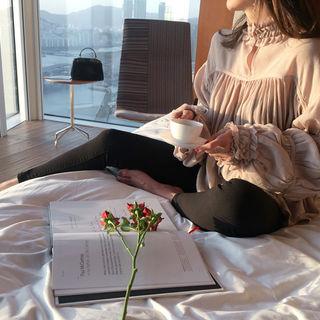 Turtle-neck Shirred-trim Top
