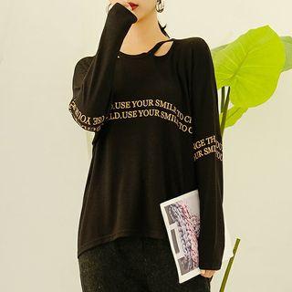 Long-sleeve Cut Out Lettering T-shirt Black - One Size