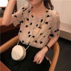 Short-sleeve Heart Patterned Chiffon Buttoned Top