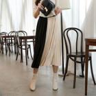 Color-block Accordion-pleat Long Skirt Beige & Black - One Size