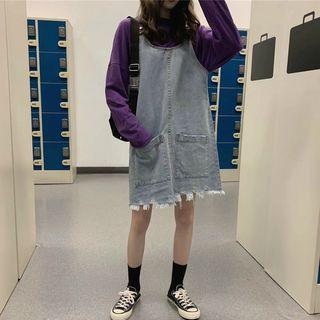 Fringed Hem Denim Jumper Dress