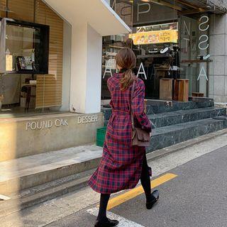 Deep-slit Plaid Long Shirtdress With Sash Wine Red - One Size