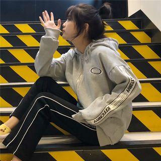 Set: Lettering Zip Hoodie + Wide-leg Pants Sweatshirt - Gray / Pants - Black - One Size