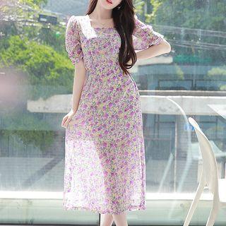 Square-neck Floral Long Chiffon Dress