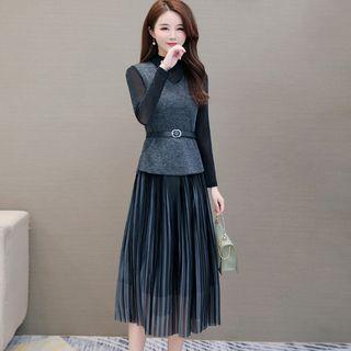 Set: Long-sleeve Paneled Top + A-line Midi Pleated Skirt