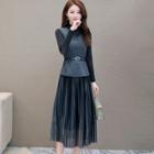 Set: Long-sleeve Paneled Top + A-line Midi Pleated Skirt