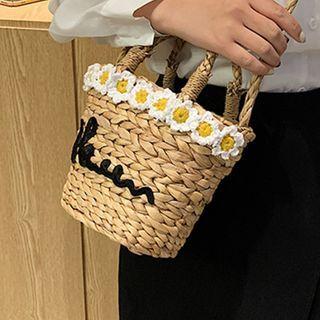 Embroidered Flower Straw Bucket Bag Khaki - One Size