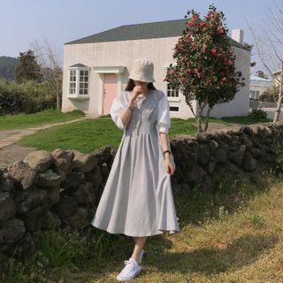 Contrast-sleeve Pintuck-waist Long Dress