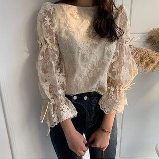 Long-sleeve Tie-back Embroidered Lace Top