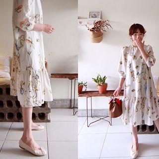 Puff-sleeve Ruffle-hem Printed Dress