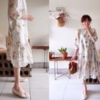 Puff-sleeve Ruffle-hem Printed Dress