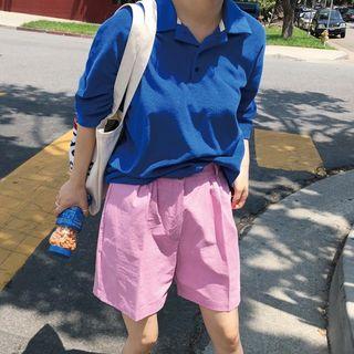 Plain Elbow-sleeve Polo Shirt / High-waist Wide-leg Shorts