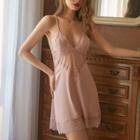 Spaghetti Strap Lace Trim Sleep Dress 1085 - Mauve Pink - One Size