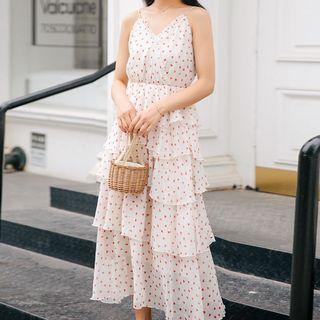 Spaghetti Strap Heart Pattern Midi Tiered Dress
