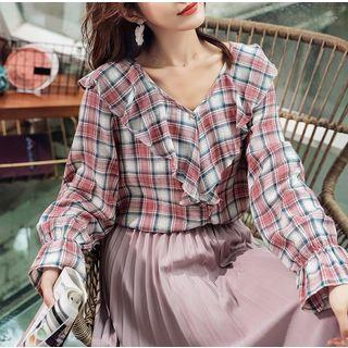 Long-sleeve Plaid Ruffle-trim Blouse