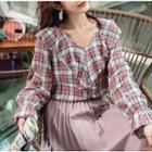 Long-sleeve Plaid Ruffle-trim Blouse