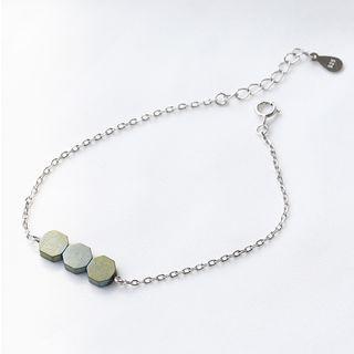 Set: 925 Sterling Silver Tungsten Steel Bead Bracelet + Dangle Earring Bracelet & Threader Earring - Three Stones - One Size