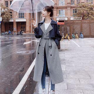 Tie-waist Houndstooth Mock Two Piece Trench Coat