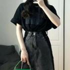 Short-sleeve Dog Print T-shirt / Two-tone Denim Mini A-line Skirt / Set