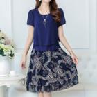 Set: Short-sleeve Chiffon Top + Floral A-line Skirt