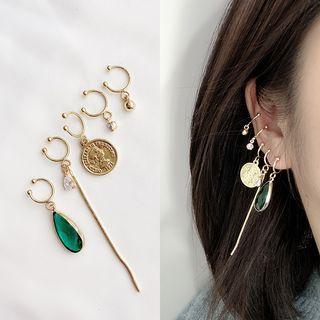 Set: Alloy Coin / Faux Crystal Dangle Earring (assorted Designs) Wej-068 - Set Of 5 - Clip On Earring - One Size