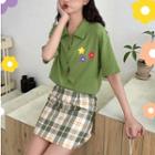 Printed Shirt / Plaid Mini Skirt