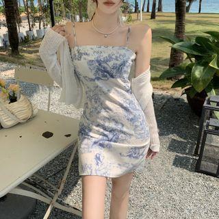 Spaghetti Strap Print Mini Sheath Dress / Cardigan