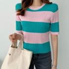 Elbow-sleeve Color-block Ribbed Top