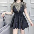 Set: Short-sleeve Animal Print Top + Spaghetti Strap A-line Mini Dress