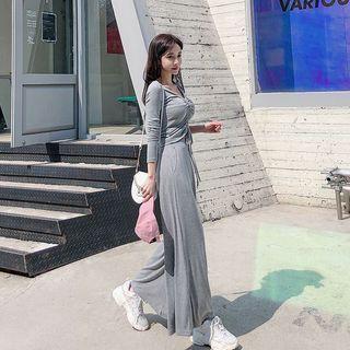 Set: V-neck Drawcord Top + Wide-leg Pants