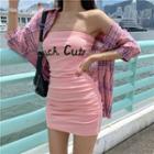 Letter Crinkled Mini Tube Bodycon Dress / Long-sleeve Plaid Shirt