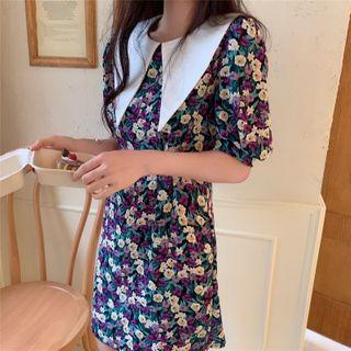 Floral Short-sleeve A-line Dress Floral - Purple - One Size