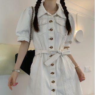 Puff-sleeve Contrast Stitching Denim Mini Shirt Dress