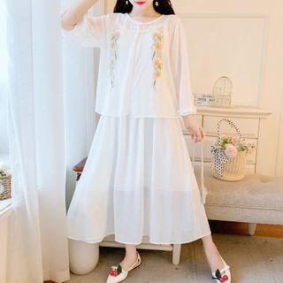 Set: Floral Embroidered Loose-fit Shirt + Spaghetti Strap Midi A-line Dress