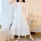 Set: Floral Embroidered Loose-fit Shirt + Spaghetti Strap Midi A-line Dress