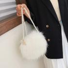 Faux Pearl Strap Fluffy Hand Bag White - One Size