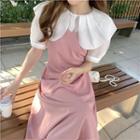 Set: Short-sleeve Peter Pan-collar Blouse + Plain Midi Overall Dress