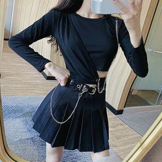 Long-sleeve T-shirt / Pleated Skirt / Belt / Set