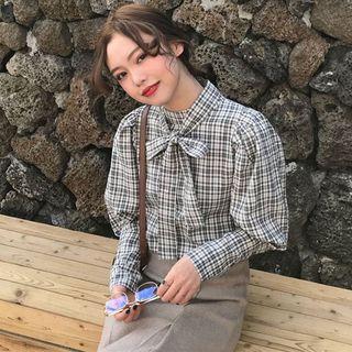 Plaid Balloon-sleeve Tie-neck Blouse