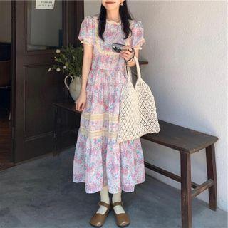 Puff-sleeve Floral Print Midi A-line Dress Pinky Purple - One Size