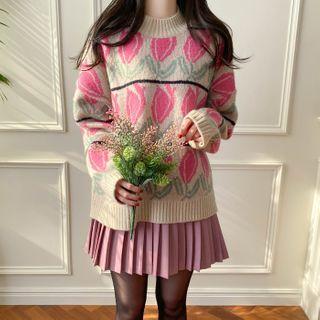 Mock-neck Flower-pattern Sweater