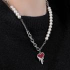 Melting Heart Pendant Faux Pearl Stainless Steel Necklace Necklace - Love Heart - Red & Silver - One Size