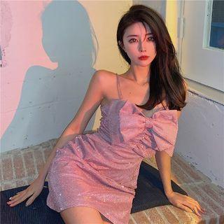 Spaghetti Strap Bow Mini A-line Dress Pink - One Size