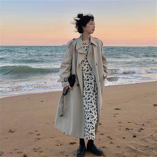 Flower Print Long-sleeve Midi Shift Dress / Double-breasted Midi Trench Coat